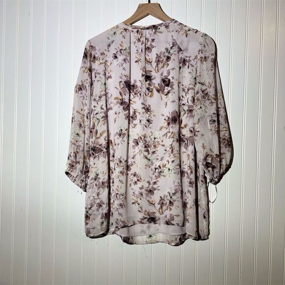 Rose + Olive Boho Floral Chiffon Blouse 1X Sheer Tie Neck Romantic Cottagecore - Picture 2 of 8